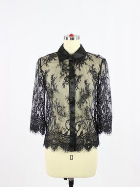 ROBERT RODRIGUEZ Black Sheer Scalloped Lace Satin Trim Button Up Blouse, Size 0